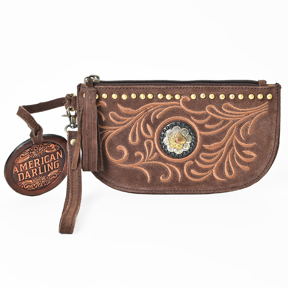 American Darling Genuine Suede Leather Western Wristlet Clutch Floral Scroll