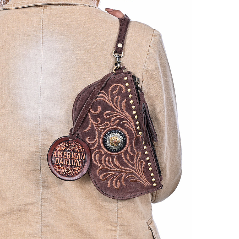 American Darling Genuine Suede Leather Western Wristlet Clutch Floral Scroll