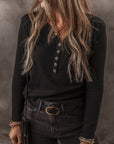 Solid Ribbed V-Neck Buttoned Long Sleeve Top