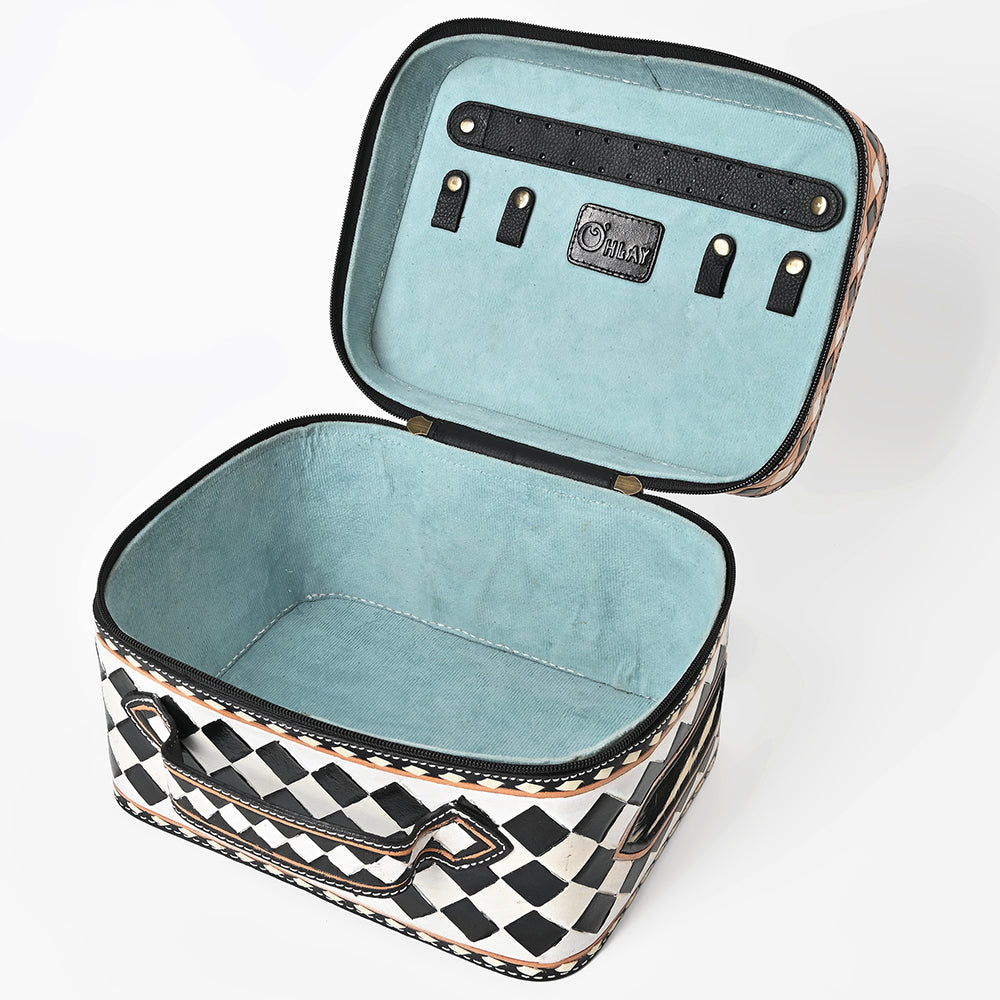 OHLAY Checkered Top Grain Leather Jewelry Box Case Bag Hand-Painted Black White