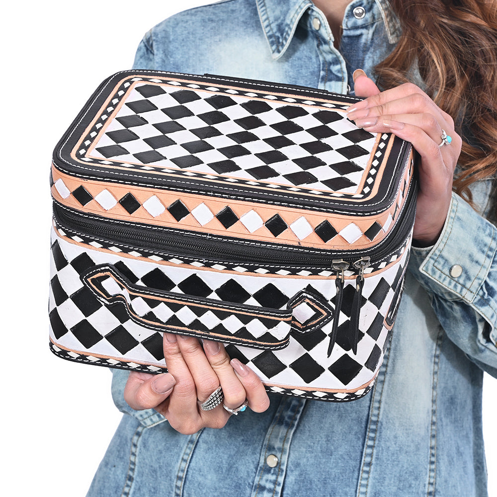 OHLAY Checkered Top Grain Leather Jewelry Box Case Bag Hand-Painted Black White
