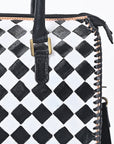 OHLAY High-Contrast Checkered Top Grain Leather Tote Bag Purse Black & White