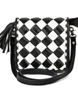 OHLAY Mini Checkered Leather Crossbody Bag Black & White Graphic Fringe Accent