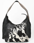 American Darling Cowhide & Leather Fringe Hobo Bag Black/White Spotted Woven