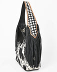 American Darling Cowhide & Leather Fringe Hobo Bag Black/White Spotted Woven