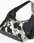 American Darling Cowhide & Leather Fringe Hobo Bag Black/White Spotted Woven