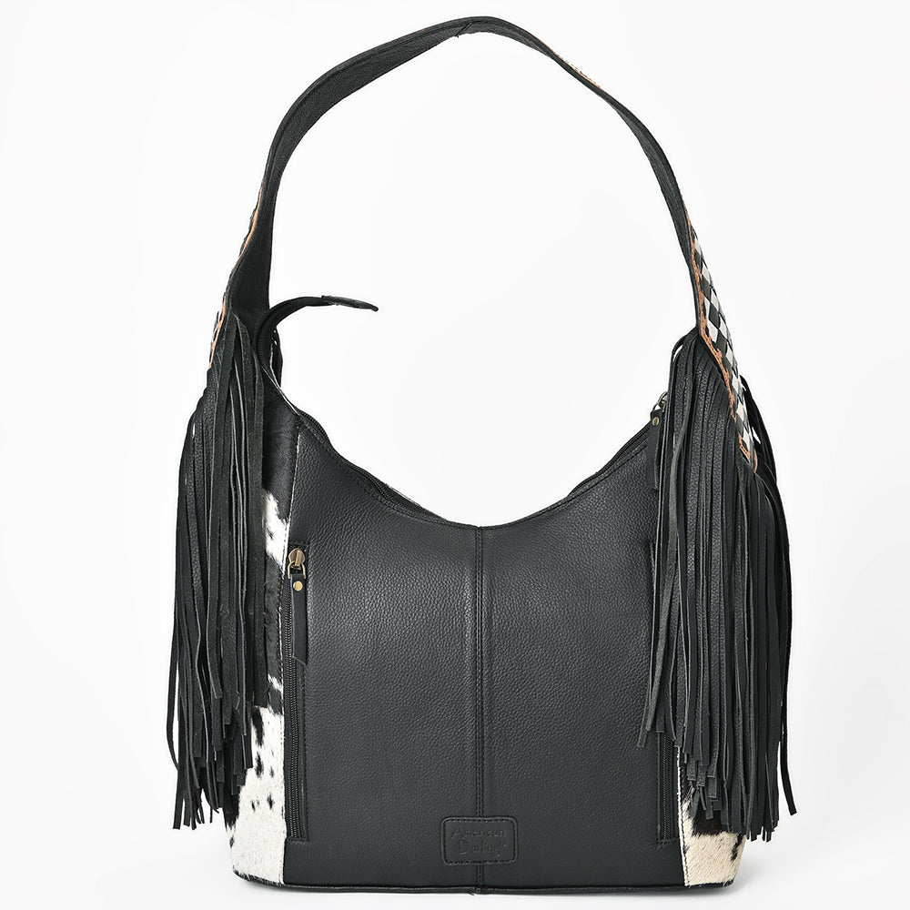 American Darling Cowhide &amp; Leather Fringe Hobo Bag Black/White Spotted Woven