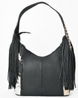 American Darling Cowhide & Leather Fringe Hobo Bag Black/White Spotted Woven