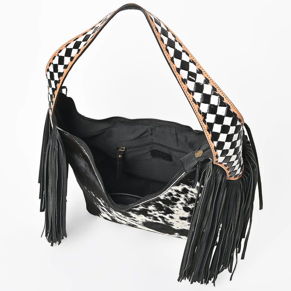 American Darling Cowhide &amp; Leather Fringe Hobo Bag Black/White Spotted Woven
