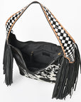 American Darling Cowhide & Leather Fringe Hobo Bag Black/White Spotted Woven