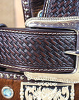 Dark Brown Tooled Leather & Hair-On Belt Blue Crystals Basketweave Silver Buckle