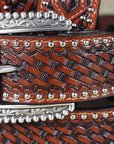Ariat Men Full Grain Leather Western Belt Hand Tooled Basketweave Concho Accents