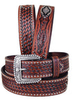 Ariat Men Full Grain Leather Western Belt Hand Tooled Basketweave Concho Accents