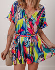 Tropical Wrap V-Neck Belted Romper