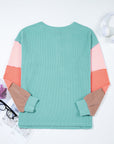 Colorblock Corded Knit Long Sleeve Henley Top