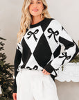 Bow Colorblock Rhombus Drop Shoulder Sweater