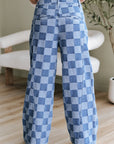 Checker Denim Wide Leg Jeans