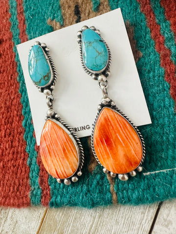 Navajo Orange Spiny, Turquoise and Sterling Silver Dangle Earrings