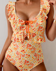 Floral Ruffle Trim Keyhole One-Piece Swimsuit