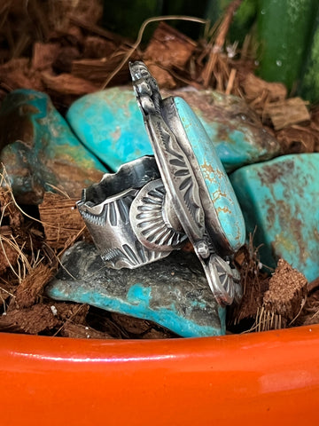 Sterling Silver and Number 8 Turquoise Ring by Gilbert Tom, Navajo, Size 6.5