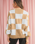 Checkered Bishop Sleeve Pullover Sweater