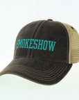 Smokeshow Trucker Hat Distressed Black Embroidered Pink or Aqua