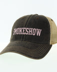 Smokeshow Trucker Hat Distressed Black Embroidered Pink or Aqua