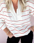 Stripe Zipped V-Neck Long Sleeve Top