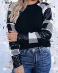Kayla Sequin Plaid Patchwork Raglan Sleeve Top