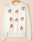Halloween Pumpkin Embroidered Ribbed Thanksgiving Holiday Sweater