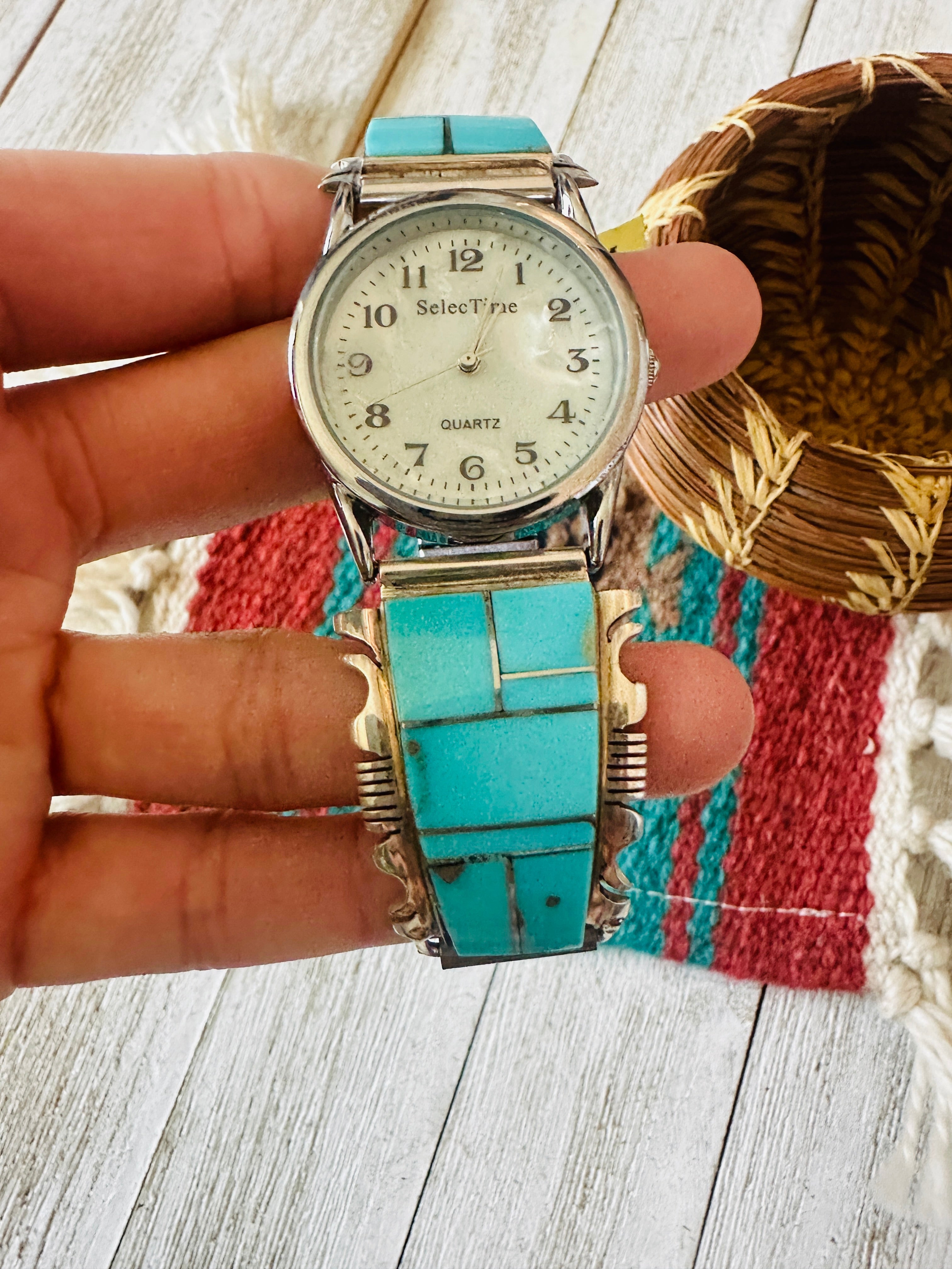 Old Pawn Vintage Navajo Turquoise & Sterling Silver Inlay Watch