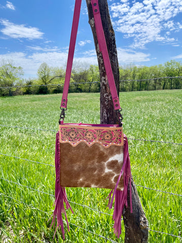 Pink Fringe Tooled Hide Crossbody