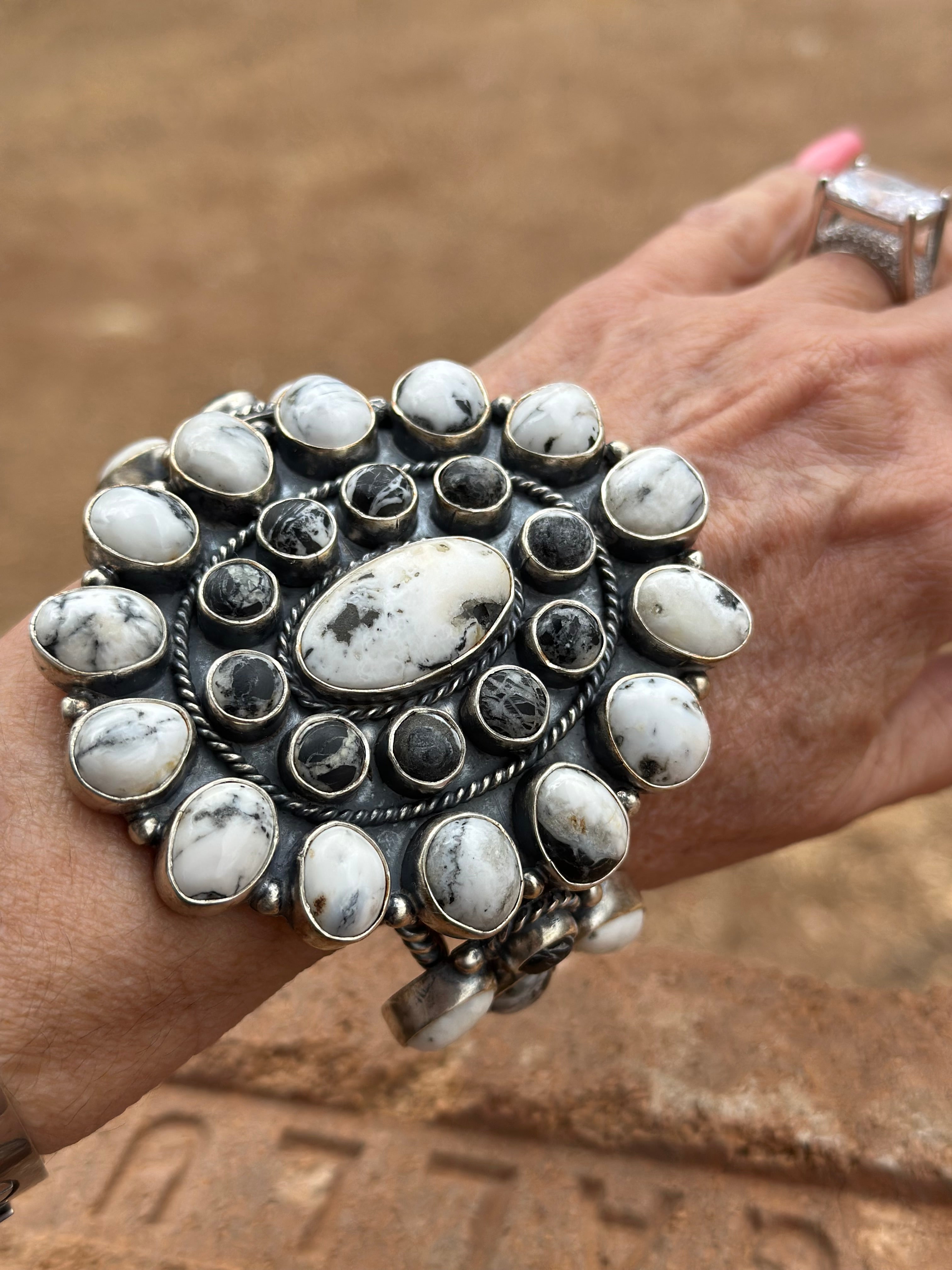 Navajo White Buffalo & Sterling Silver Cluster Cuff Bracelet