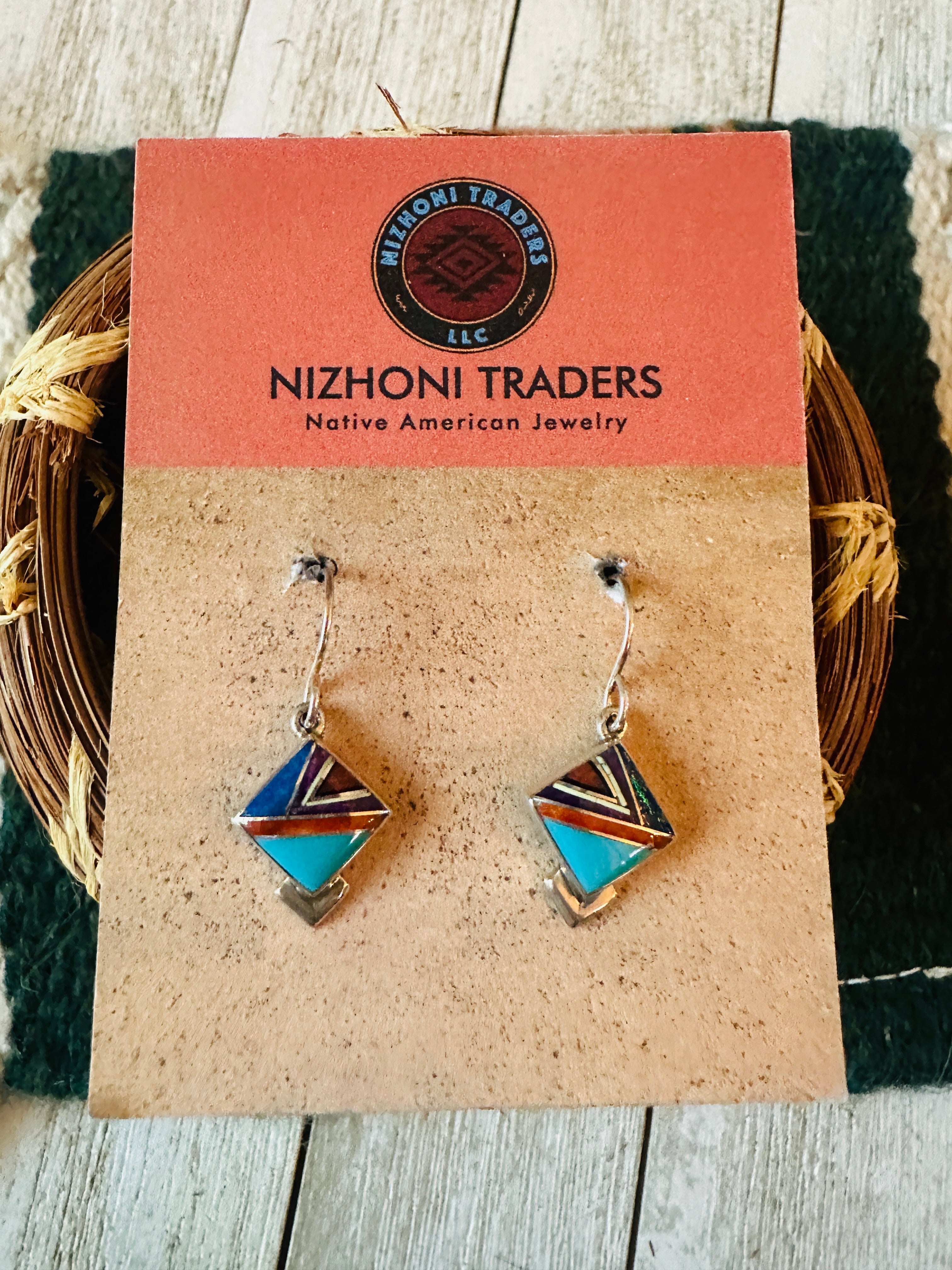 Old Pawn Navajo Sterling Silver & Multi Stone Inlay Dangle Earrings