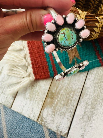 Navajo Queen Pink Conch, Turquoise & Sterling Silver Floating Cuff Bracelet