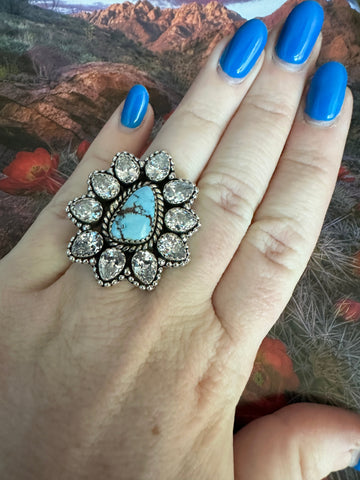 Handmade Golden Hills Turquoise, CZ & Sterling Silver Adjustable Ring