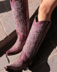 A4698 - WOMEN'S BLUE AND YELLOW EMBROIDERY LUMINESCENT DARK PINK TALL TOP SNIP TOE COWBOY BOOT