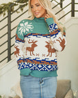 Christmas Reindeer Snowflake Colorblock Turtleneck Sweater