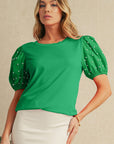 Pearl Beaded Puff Sleeve Ribbed Top