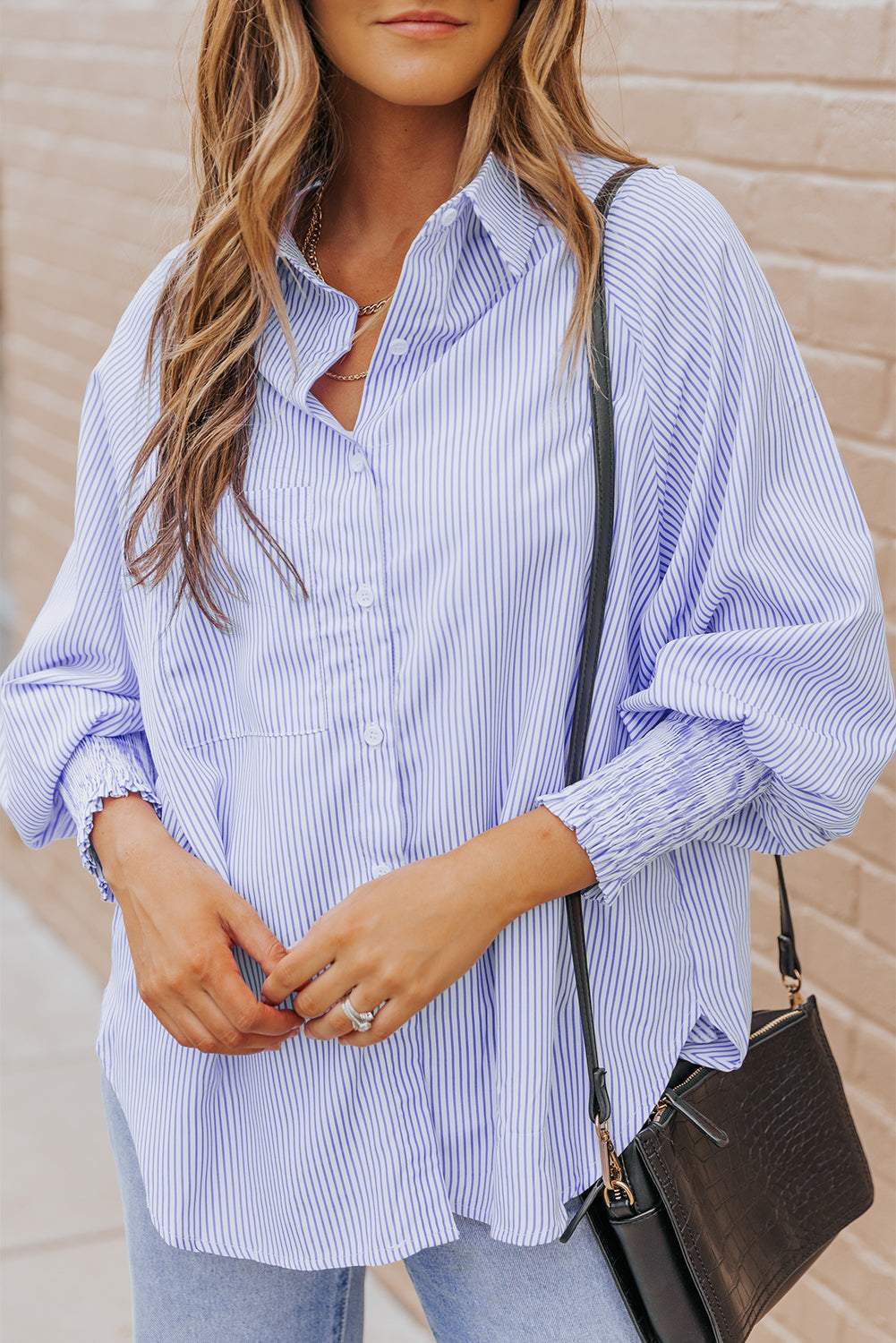 Striped Casual Shirred Cuffs Shirt