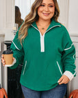 Plus Size Fleece Contrast Trim Half Zip Pocketed Sweatshirt