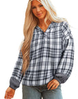 Plaid Quarter-Button Patchwork Long Sleeve Hooded Blouse