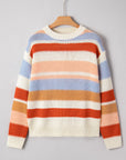 Stripe Colorblock Round Neck Drop Shoulder Sweater