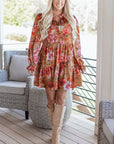 Floral Half-Button Long Sleeve Ruffle Mini Dress