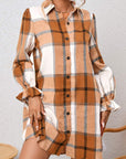 Plaid Ruffle Sleeve Shirt Dress