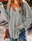 Solid Eyelet V-Neck Drop Shoulder Sweater