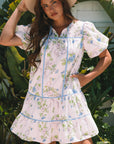 Celina Floral Striped Trim Tie Split Neck Mini Dress