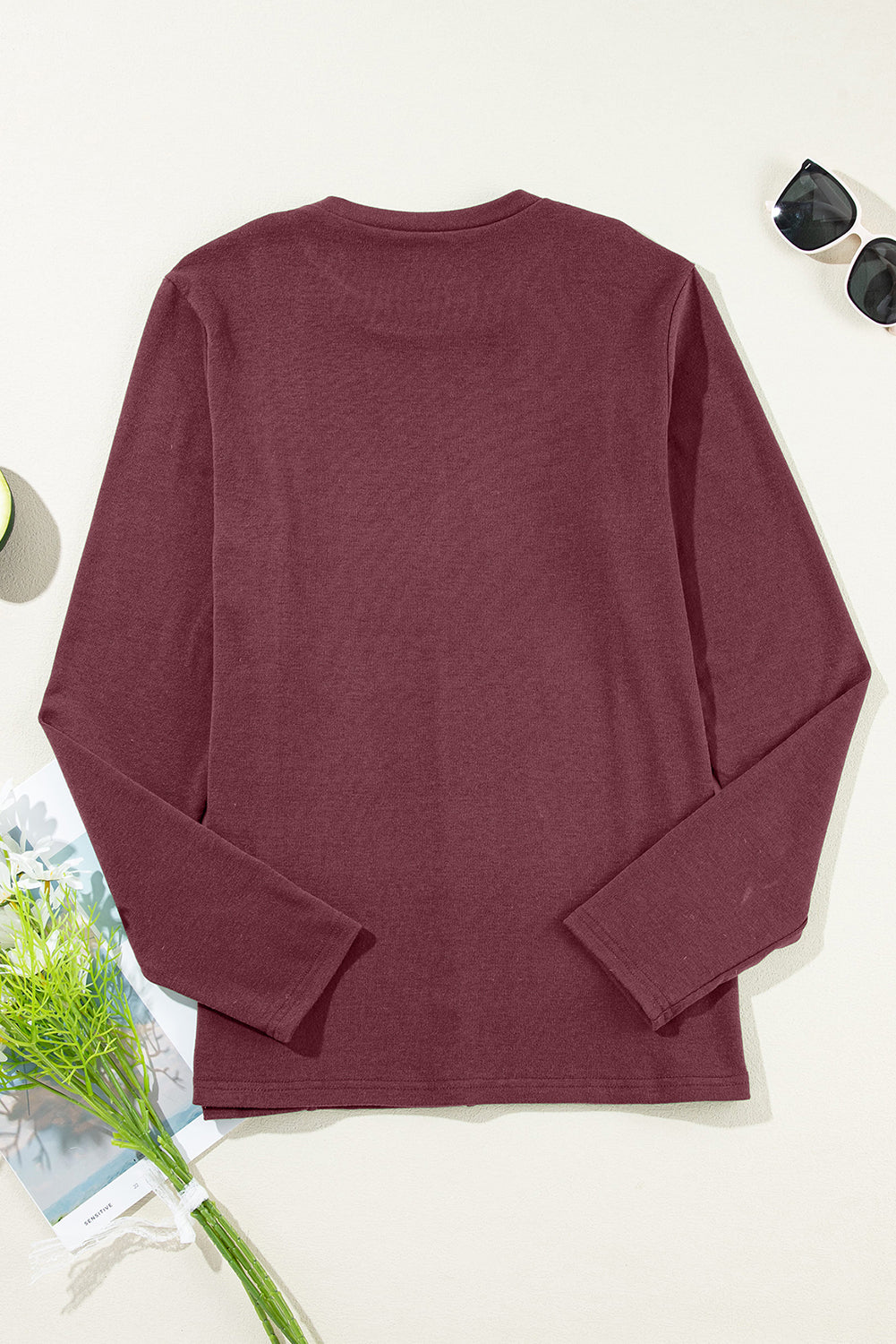 Solid Reverse Seam Crew Neck Long Sleeve Top