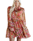Floral Half-Button Long Sleeve Ruffle Mini Dress