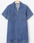 Blue Short Sleeve Collared Denim Mini Dress